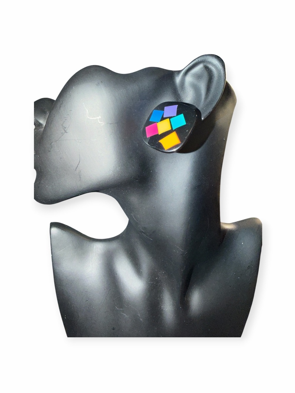 Vintage 80s Memphis Style Geometric Color Black Square Post Earrings Neon